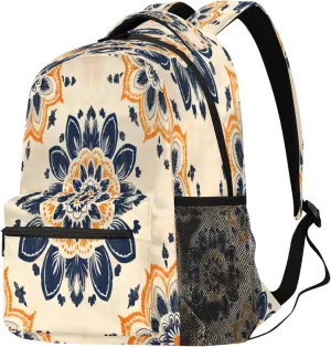 Ethnic Laptop Backpack for Adult Women Men Ornamental Round Floral Casual Daypack with Compartment & Multiple Pockets Book Bags Travel Bag