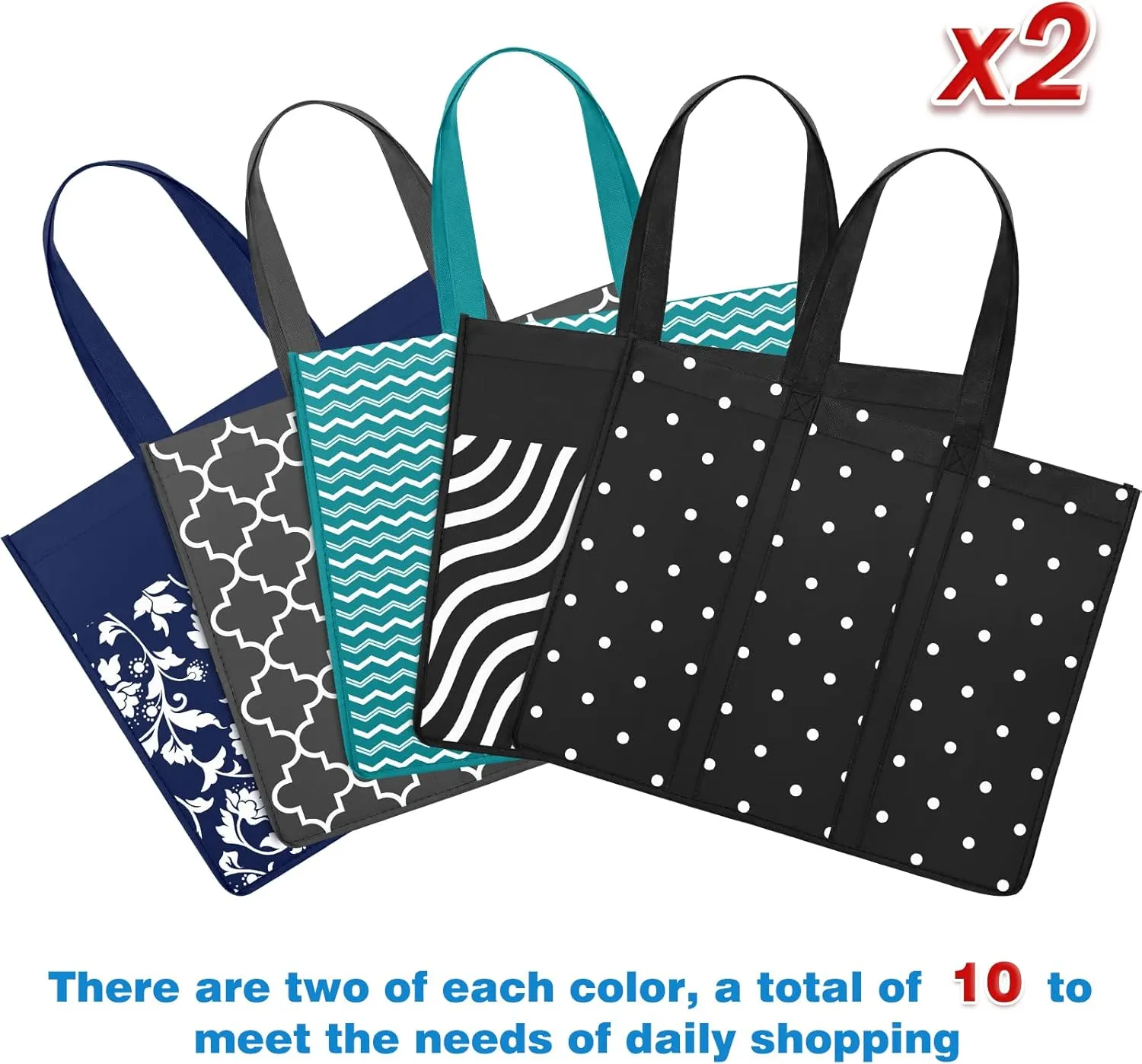 Fab totes 10 Pack Reusable Grocery Bags for Groceries 35L Large Capacity Heavy Duty Waterproof Tote Bags for Shopping and Picnic with Sturdy Handles