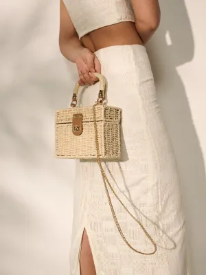 Fawn Rattan Box Crossbody Bag in Beige