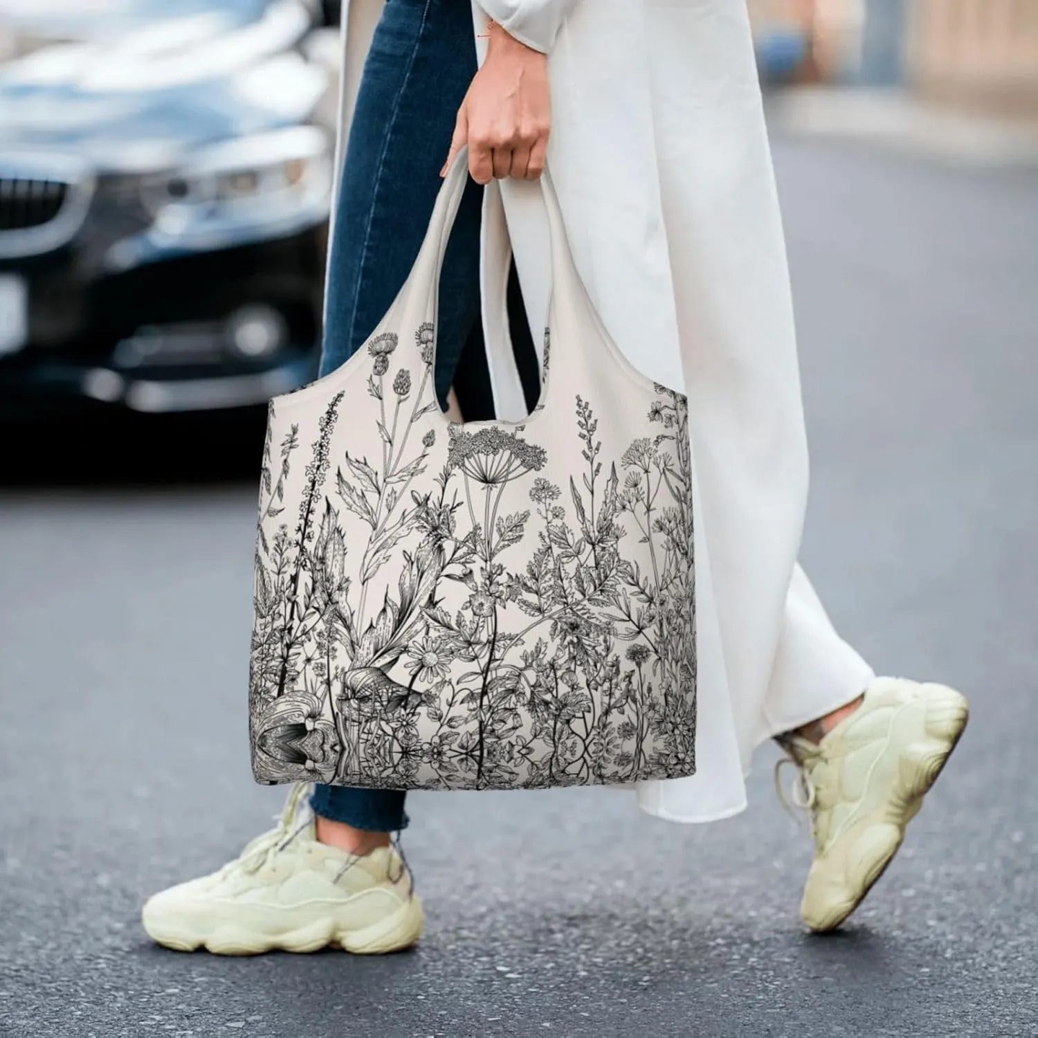 Flamingo Bird Round Leaves Canvas Bag Bag Handbag Eco-Friendly Reusable Groceryshopping Bags For Women Girls
