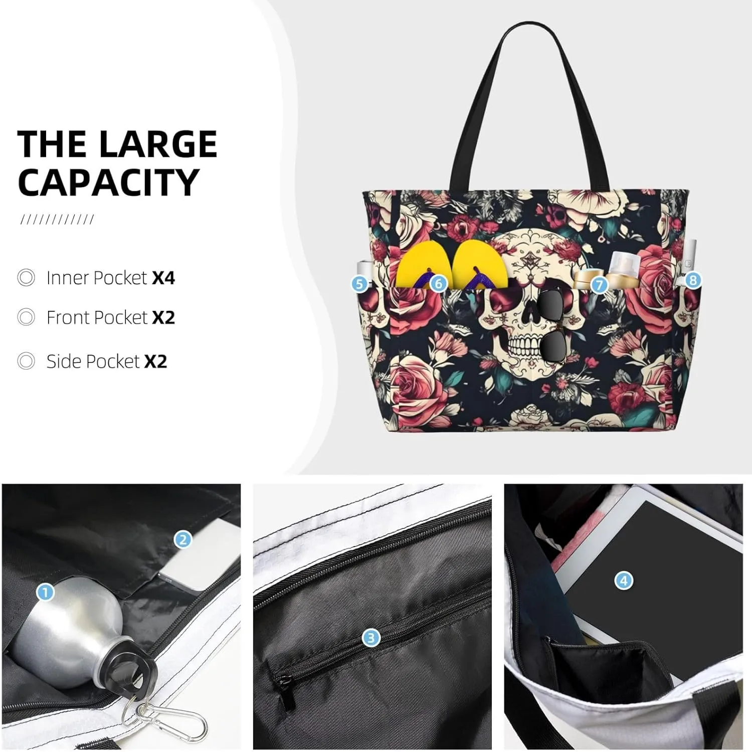 Flowers Skull Ornamental Pattern Beach Tote Bag, Large Capacity Foldable For Women For Pool Travel Daily