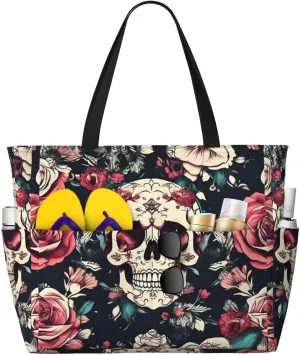 Flowers Skull Ornamental Pattern Beach Tote Bag, Large Capacity Foldable For Women For Pool Travel Daily