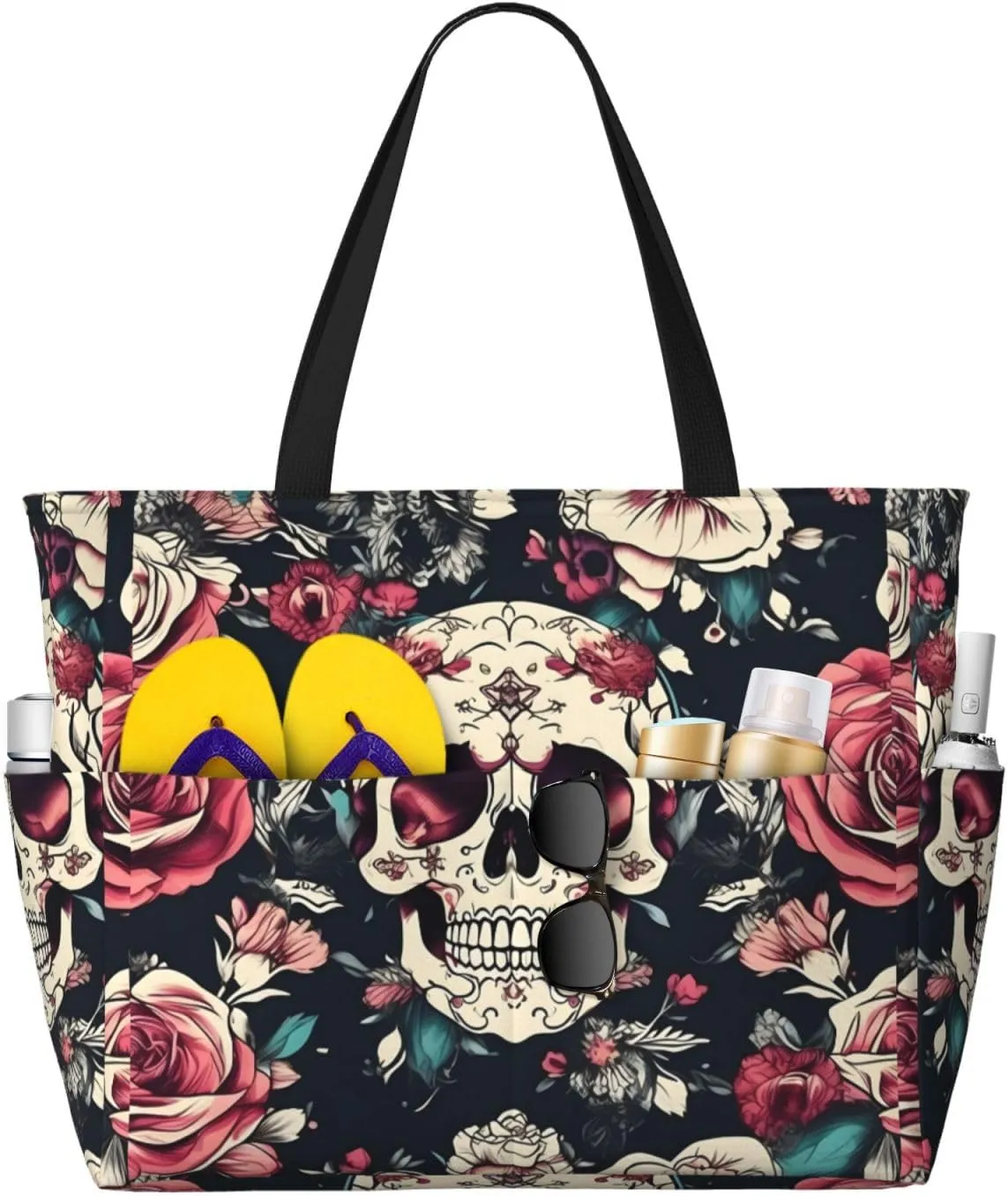 Flowers Skull Ornamental Pattern Beach Tote Bag, Large Capacity Foldable For Women For Pool Travel Daily