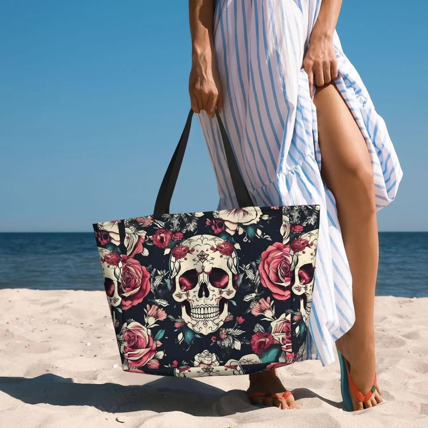 Flowers Skull Ornamental Pattern Beach Tote Bag, Large Capacity Foldable For Women For Pool Travel Daily