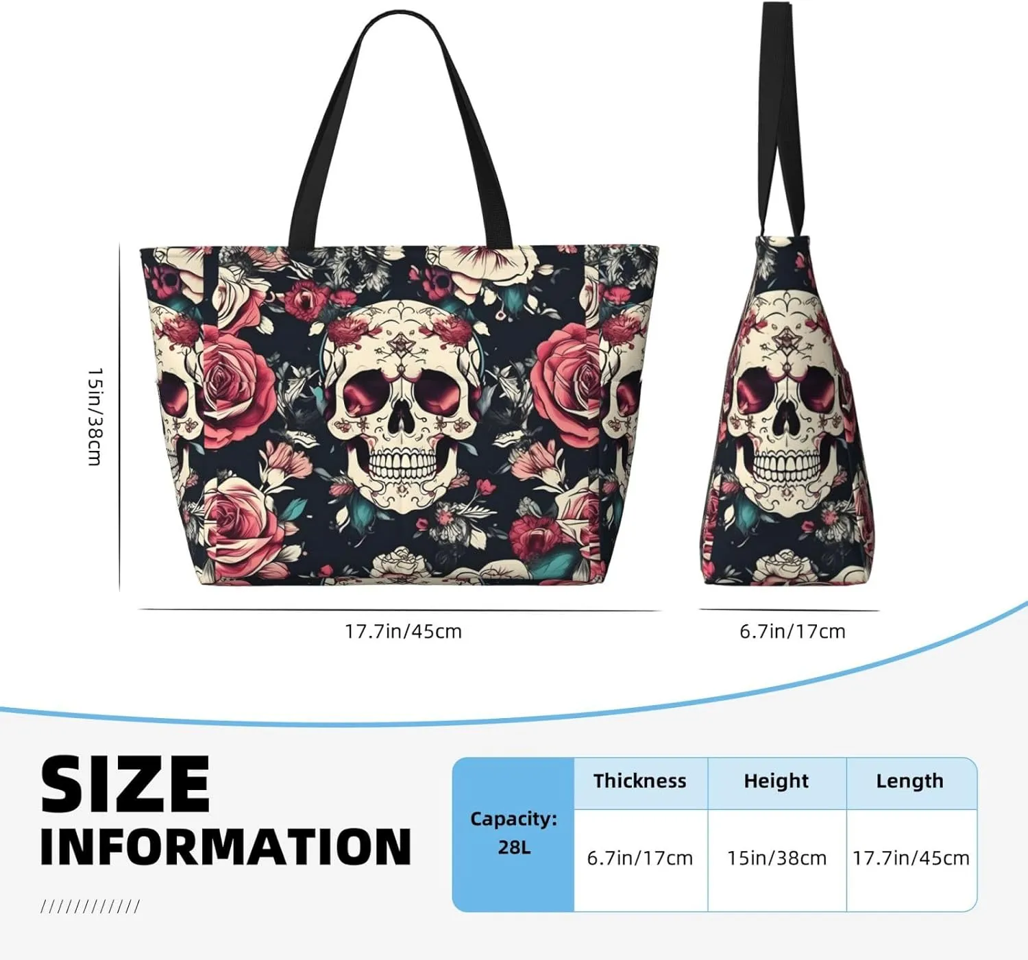 Flowers Skull Ornamental Pattern Beach Tote Bag, Large Capacity Foldable For Women For Pool Travel Daily