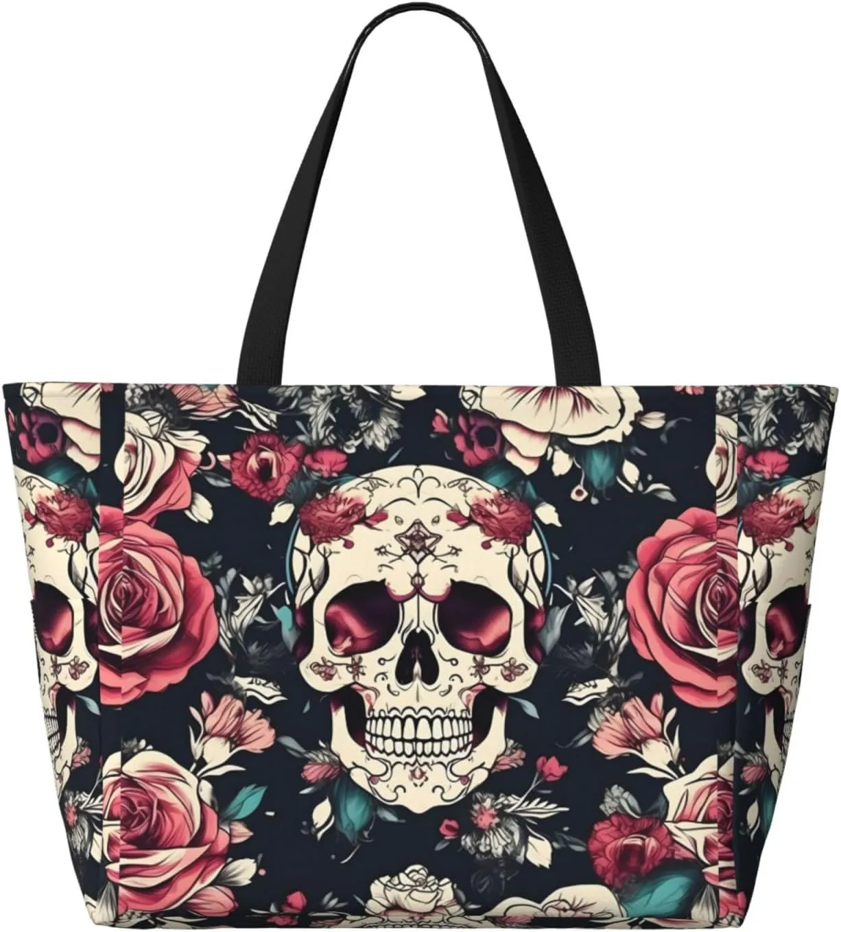 Flowers Skull Ornamental Pattern Beach Tote Bag, Large Capacity Foldable For Women For Pool Travel Daily