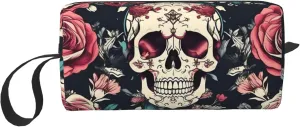 Flowers Skull Ornamental Pattern print Multi-Purpose Cosmetic Bag with Zipper Canvas Makeup Bag, Travel Toiletry Pouch, Pencil Bag