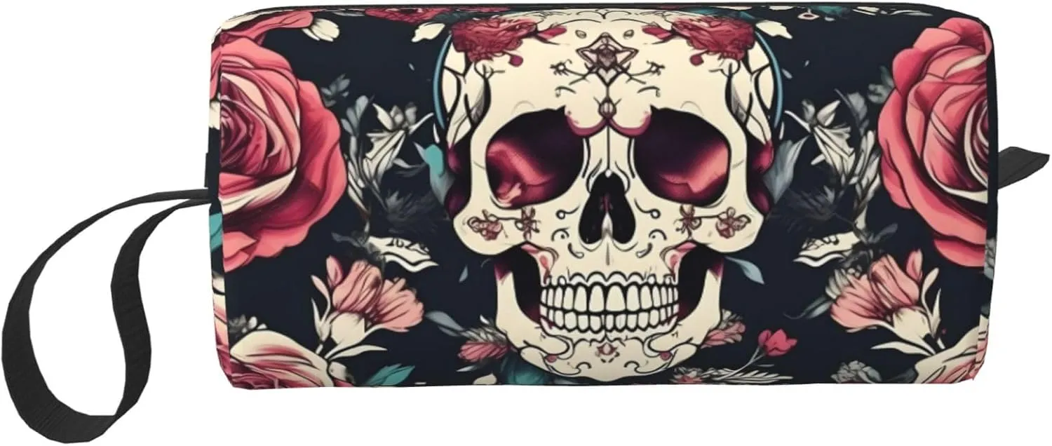 Flowers Skull Ornamental Pattern print Multi-Purpose Cosmetic Bag with Zipper Canvas Makeup Bag, Travel Toiletry Pouch, Pencil Bag