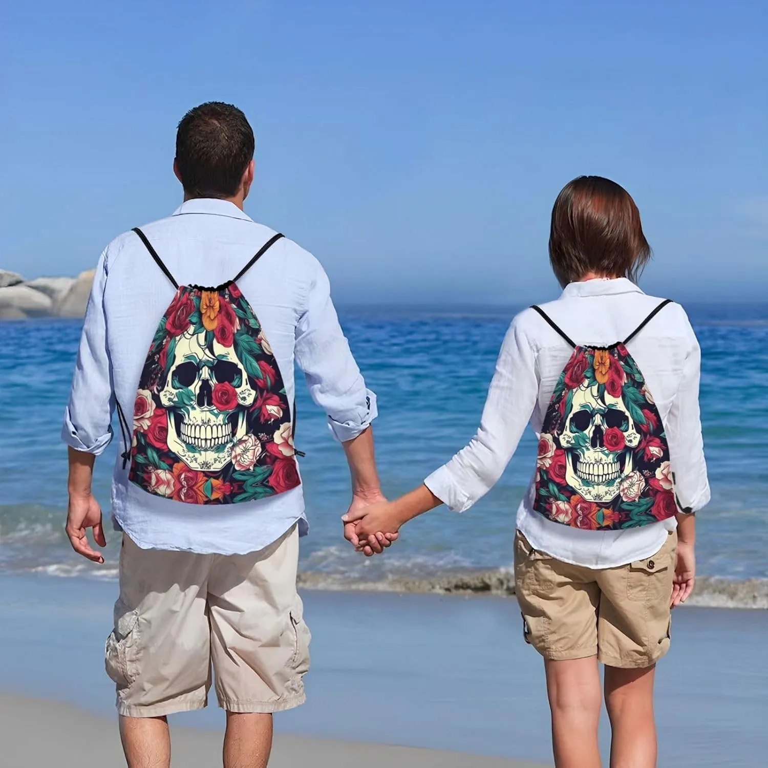Flowers Skull Ornamental print Drawstring Backpack Bags Sack Cinch Tote Sport Storage Polyester Bag for Gym Traveling