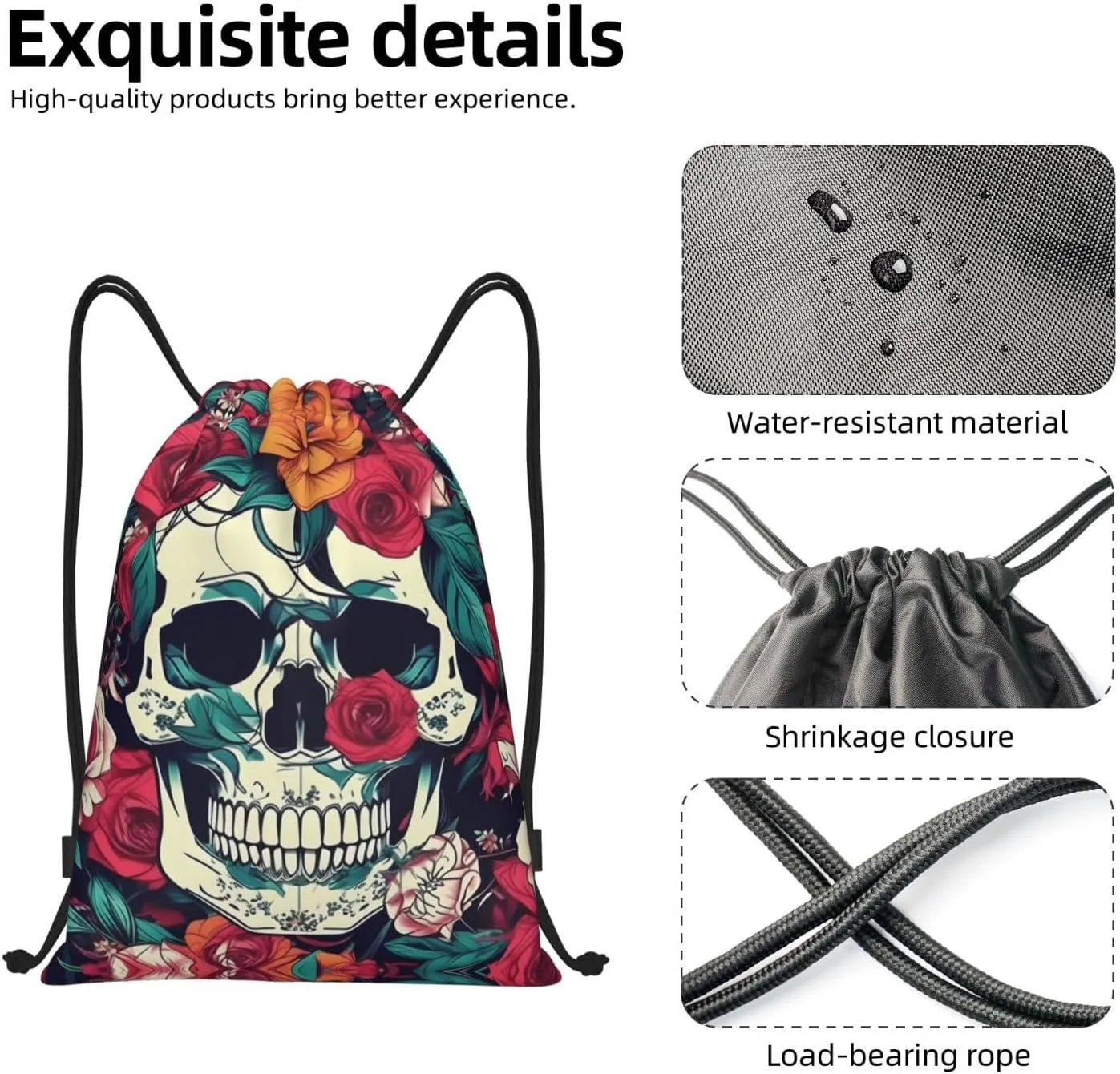 Flowers Skull Ornamental print Drawstring Backpack Bags Sack Cinch Tote Sport Storage Polyester Bag for Gym Traveling