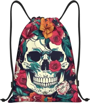 Flowers Skull Ornamental print Drawstring Backpack Bags Sack Cinch Tote Sport Storage Polyester Bag for Gym Traveling
