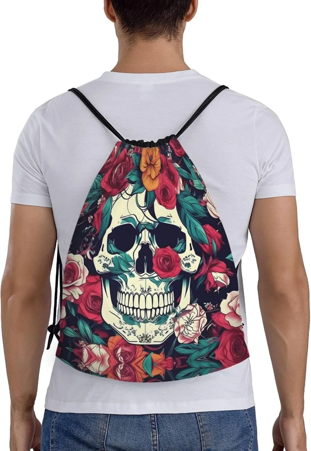 Flowers Skull Ornamental print Drawstring Backpack Bags Sack Cinch Tote Sport Storage Polyester Bag for Gym Traveling