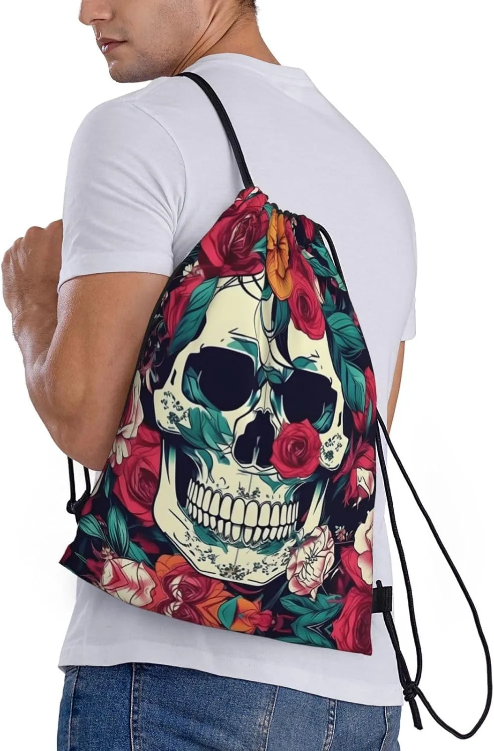 Flowers Skull Ornamental print Drawstring Backpack Bags Sack Cinch Tote Sport Storage Polyester Bag for Gym Traveling