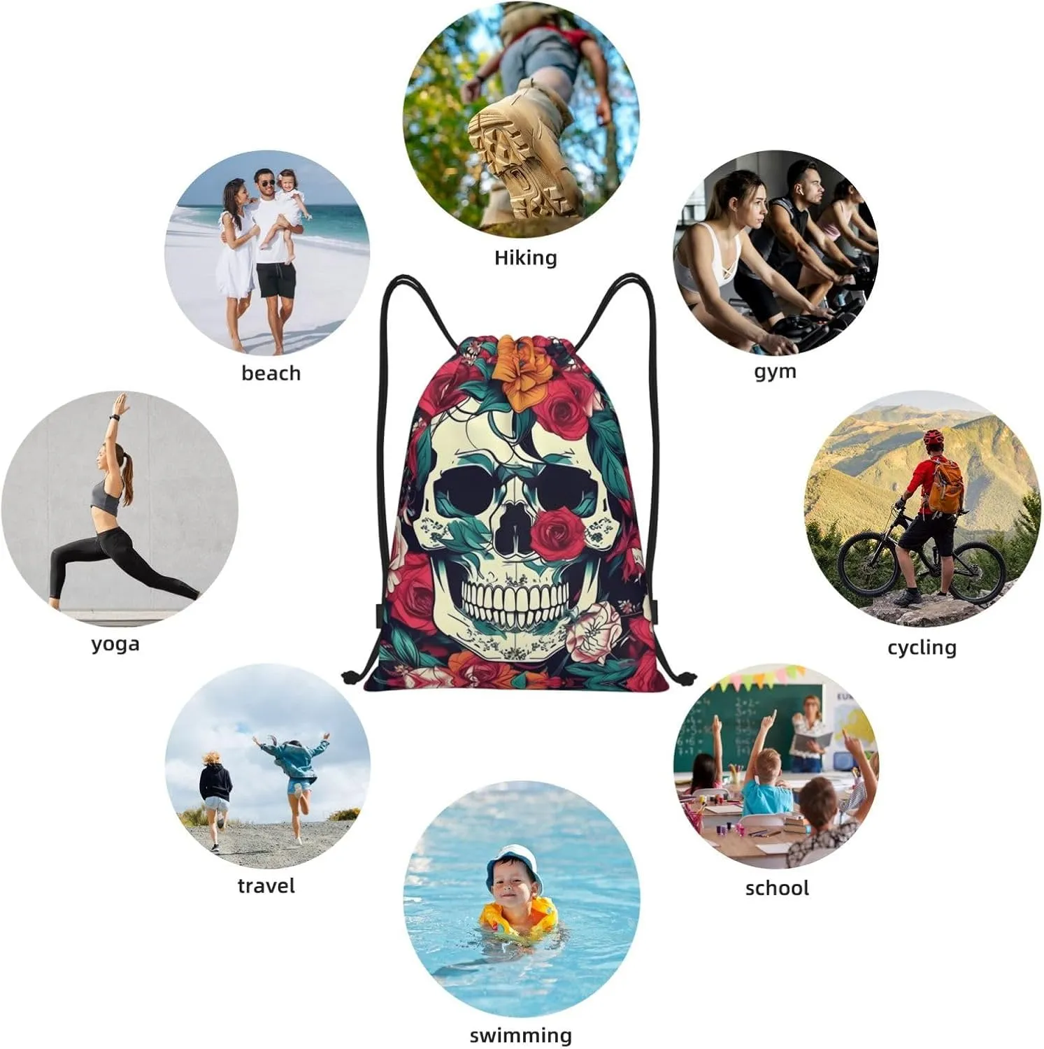 Flowers Skull Ornamental print Drawstring Backpack Bags Sack Cinch Tote Sport Storage Polyester Bag for Gym Traveling