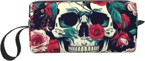 Flowers Skull Ornamental print Multi-Purpose Cosmetic Bag with Zipper Canvas Makeup Bag, Travel Toiletry Pouch, Pencil Bag