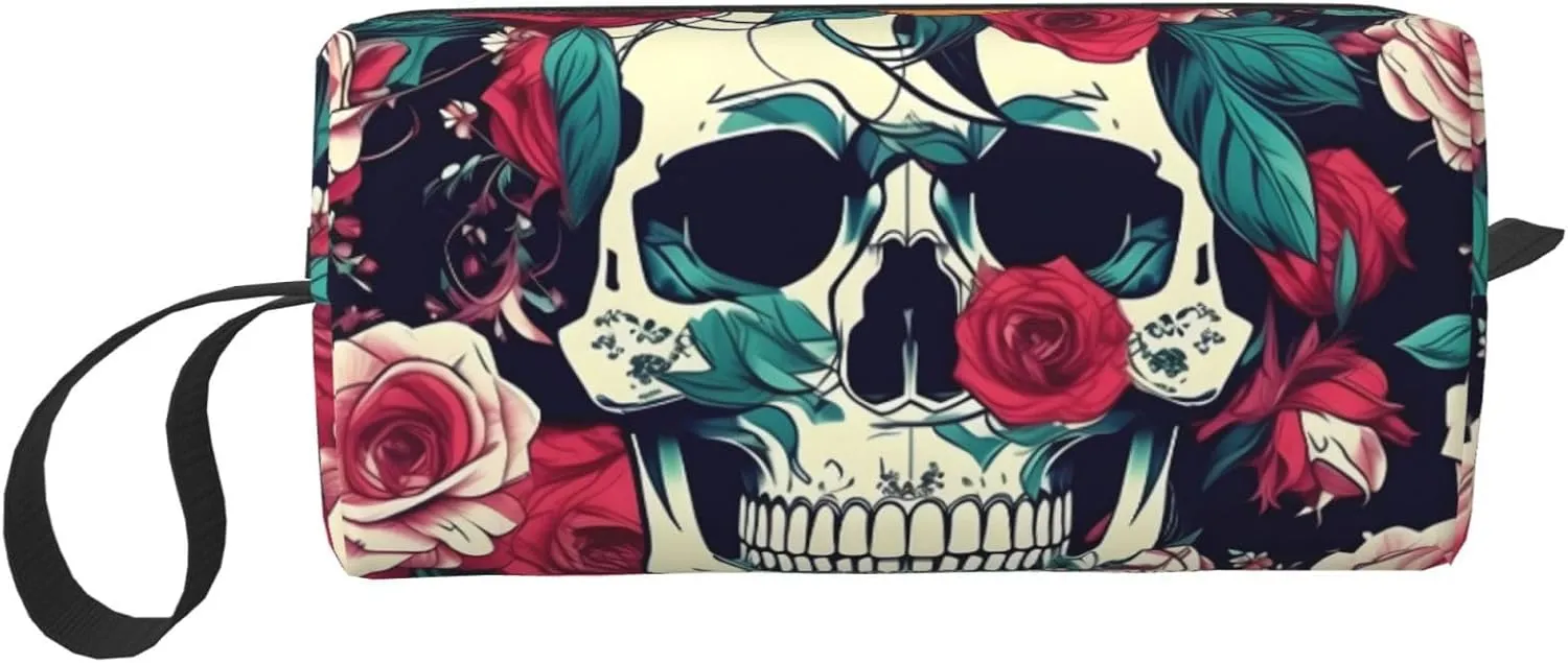 Flowers Skull Ornamental print Multi-Purpose Cosmetic Bag with Zipper Canvas Makeup Bag, Travel Toiletry Pouch, Pencil Bag