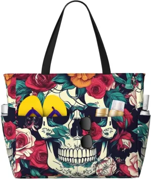 Flowers Skull Ornamental Print Waterproof Beach Bag For Womentote Bag Zipper And Pockets For Travel Vacation