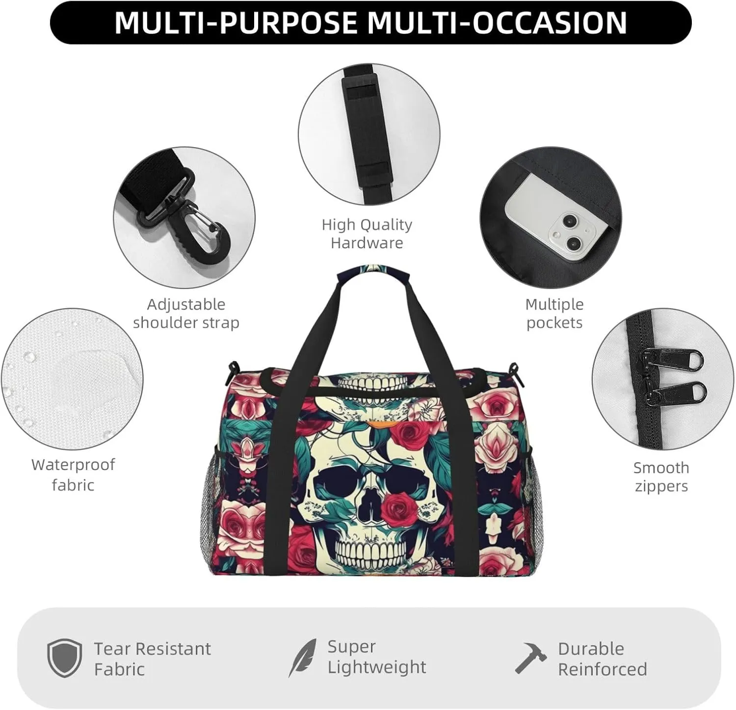 Flowers Skull Ornamental Travel Bag, Weekender Bags For Women Men For Outdoor Adventures, Ideal For Camping And Hiking