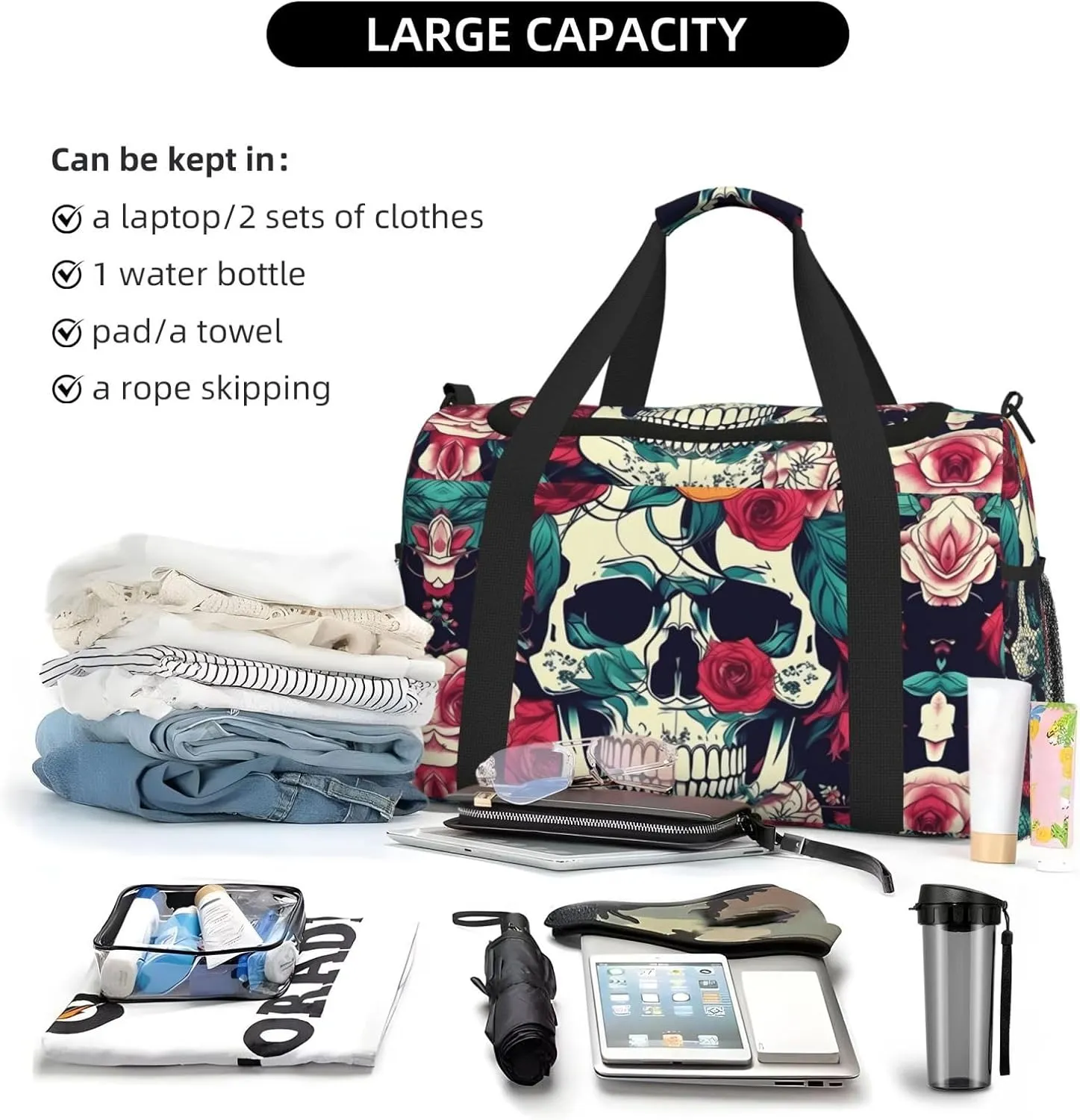 Flowers Skull Ornamental Travel Bag, Weekender Bags For Women Men For Outdoor Adventures, Ideal For Camping And Hiking