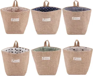 Foraineam 6 Pack Mini Hanging Storage Bag Cotton Linen Decorative Wall-Hanging Basket Organizer Collapsible Box Bin Bags for Wall Door Closet