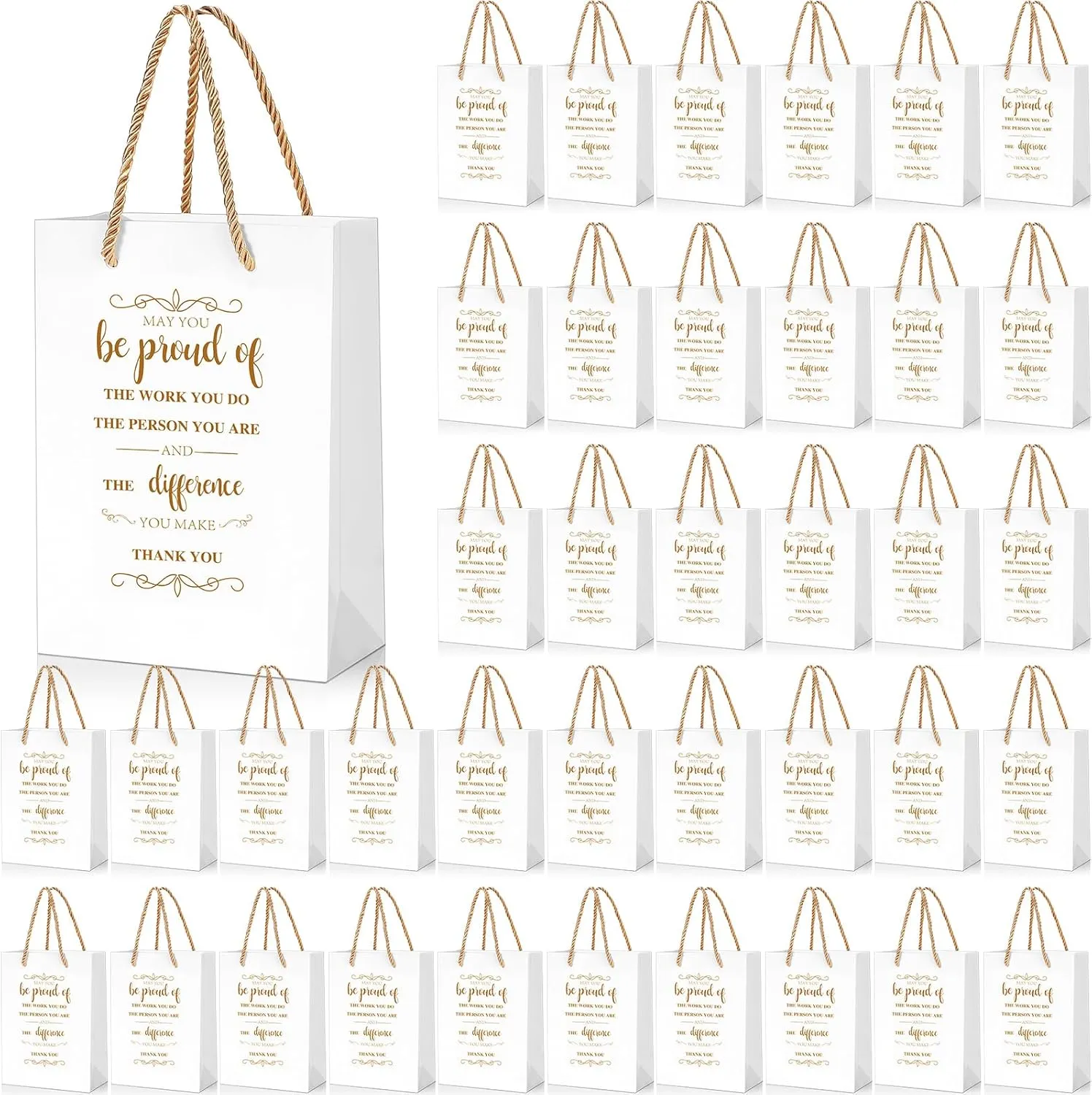 Fulmoon 50Pcs Thank You Gifts Bags Employee Appreciation Pape Bags Bulk 5.9 x 3.1 x 8.3'' Inspirational May You Be Proud Gift sack with Handle for Coworkers Teacher(White)