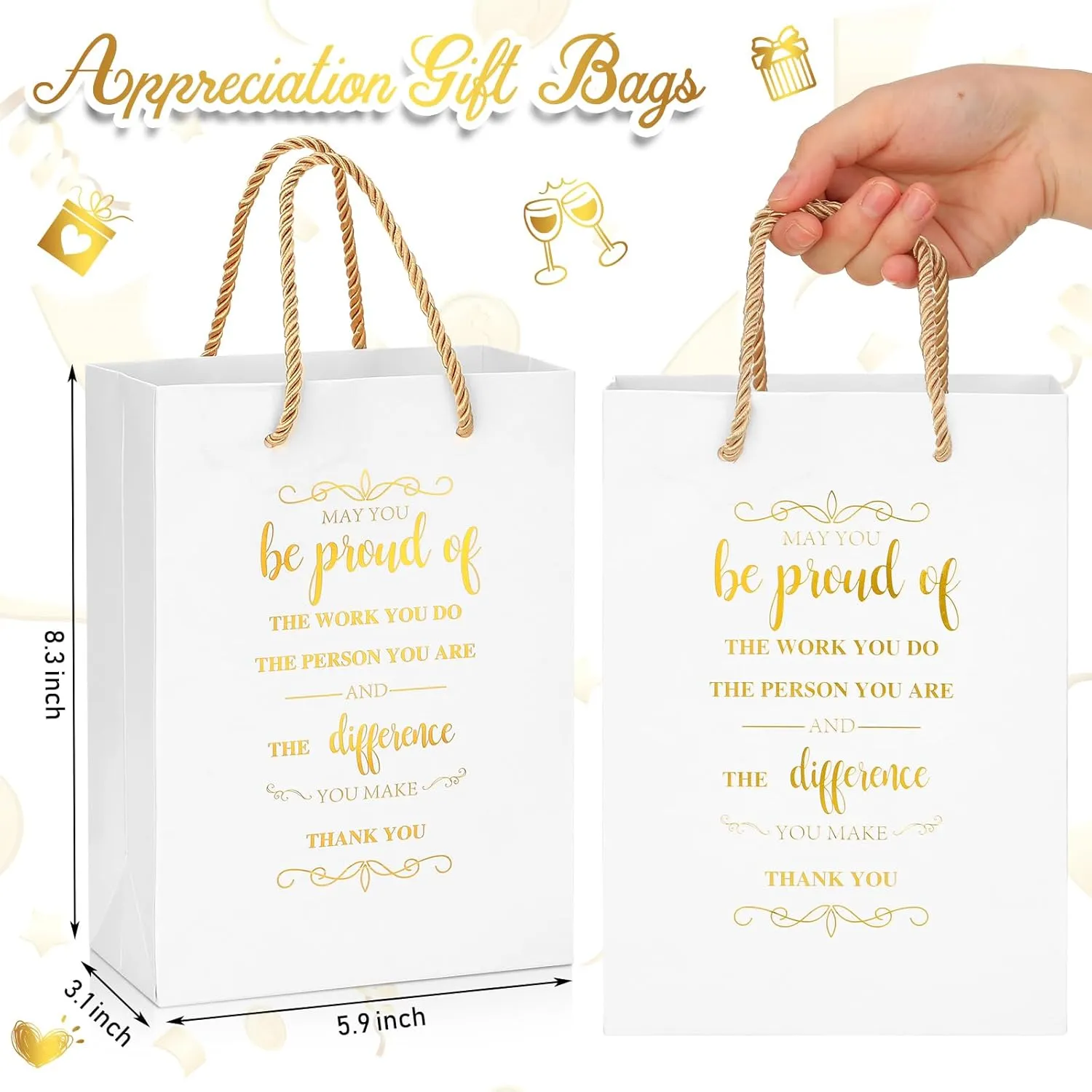 Fulmoon 50Pcs Thank You Gifts Bags Employee Appreciation Pape Bags Bulk 5.9 x 3.1 x 8.3'' Inspirational May You Be Proud Gift sack with Handle for Coworkers Teacher(White)
