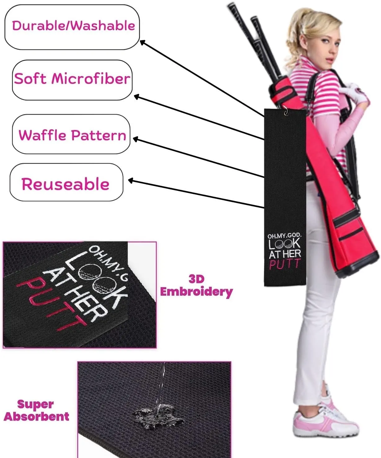 Funny Golf Towel, Oh My God Look at Her Putt - Golf Gifts for Men Women, Golf Accessories for Women, Embroidered Golf Towels for Golf Bags with Clip, Black
