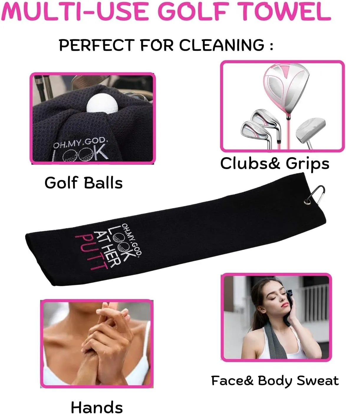 Funny Golf Towel, Oh My God Look at Her Putt - Golf Gifts for Men Women, Golf Accessories for Women, Embroidered Golf Towels for Golf Bags with Clip, Black