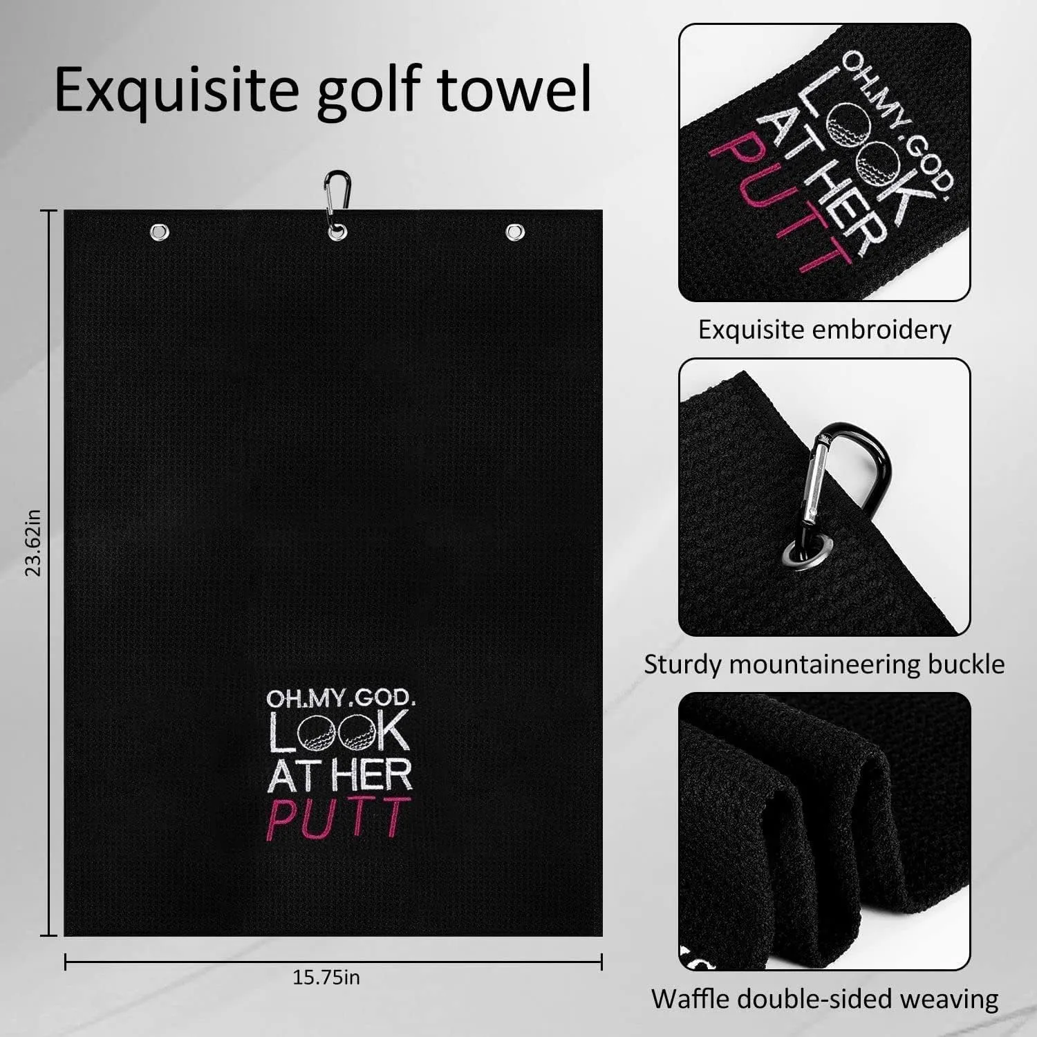 Funny Golf Towel, Oh My God Look at Her Putt - Golf Gifts for Men Women, Golf Accessories for Women, Embroidered Golf Towels for Golf Bags with Clip, Black