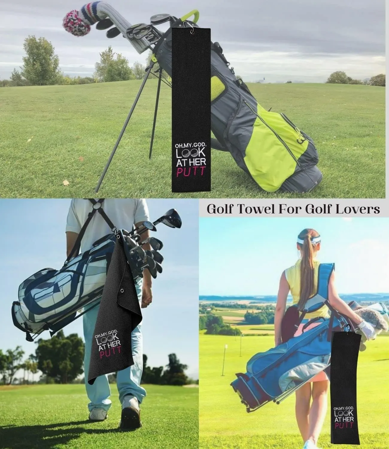 Funny Golf Towel, Oh My God Look at Her Putt - Golf Gifts for Men Women, Golf Accessories for Women, Embroidered Golf Towels for Golf Bags with Clip, Black