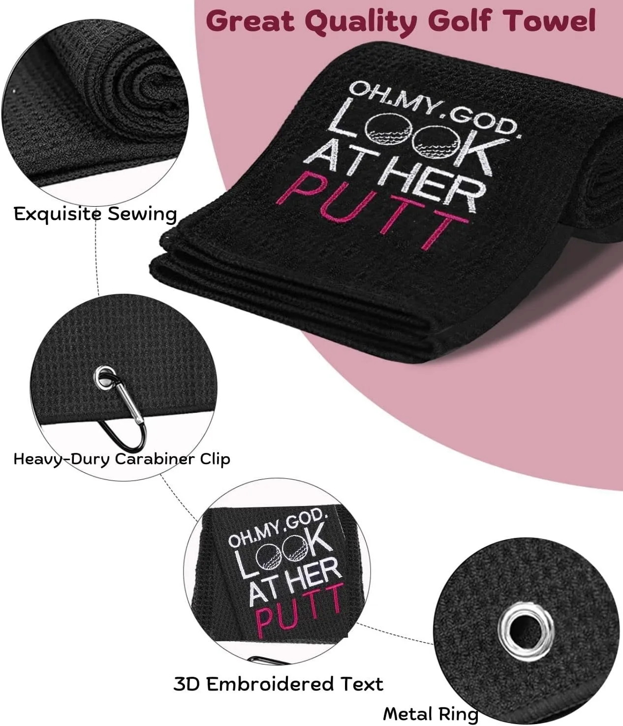 Funny Golf Towel, Oh My God Look at Her Putt - Golf Gifts for Men Women, Golf Accessories for Women, Embroidered Golf Towels for Golf Bags with Clip, Black