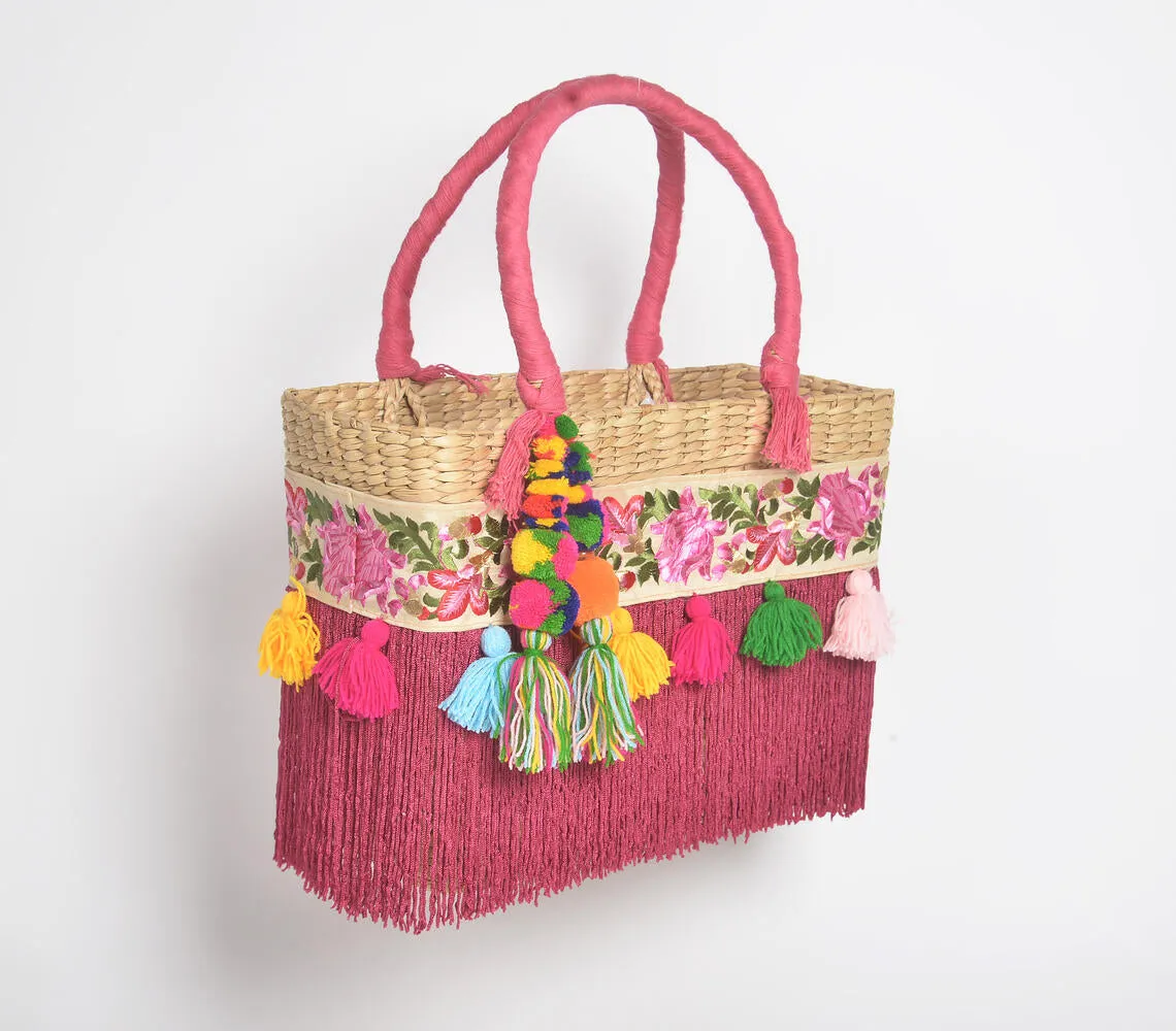 Fuschia Fringed Basket Woven Cane Tasseled Handbag