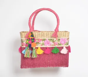 Fuschia Fringed Basket Woven Cane Tasseled Handbag