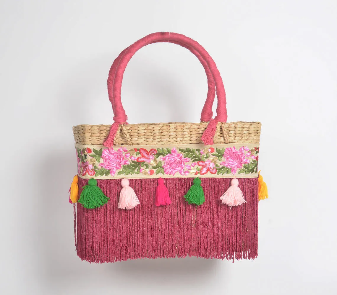 Fuschia Fringed Basket Woven Cane Tasseled Handbag