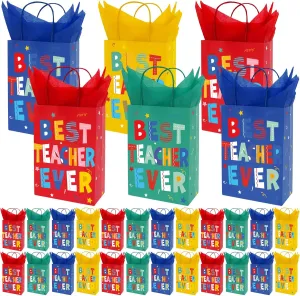 FYSUIMU 48Pcs Teacher Appreciation Paper Bag with 48 Sheets Tissue Paper Best Teacher Ever Thank You Treat Bags with Handles Candy Goodie Bags for Teachers' Day Back to School