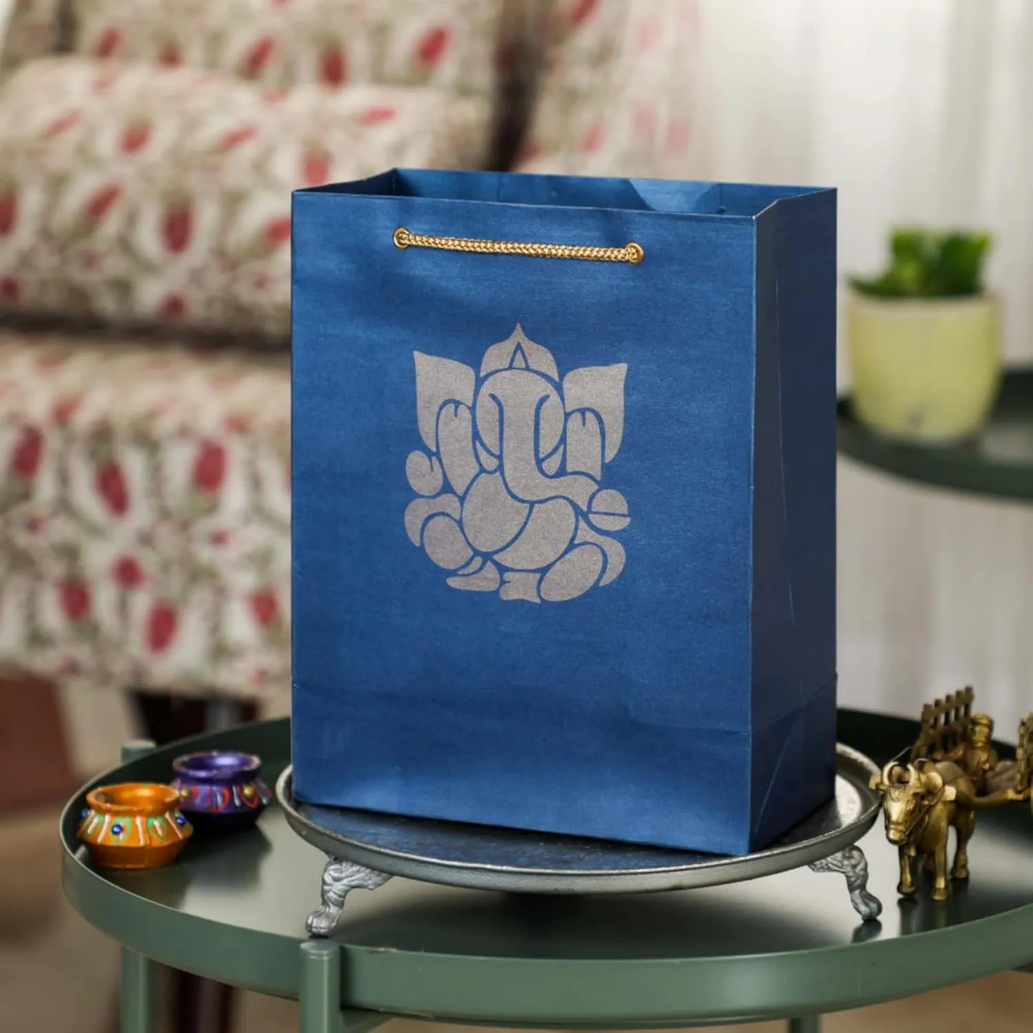 Ganesha Paper Printed Indian Gifts bags, Party favor bags, goodie, small paper for Diwali, pooja favors, Housewarming gifts, wedding return - 9.84x7.85 Inch (Pack of 4)