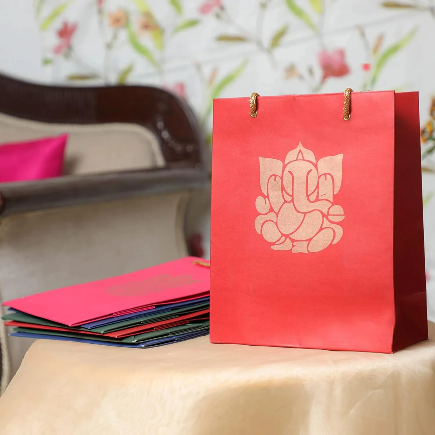 Ganesha Paper Printed Indian Gifts bags, Party favor bags, goodie, small paper for Diwali, pooja favors, Housewarming gifts, wedding return - 9.84x7.85 Inch (Pack of 4)