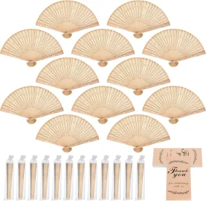 Geetery Set of 24 Sandalwood Fan Wedding Favors with Gift Bags Rustic Folding Hand Fans 24 Pcs Thank You Tags for Favors Wedding Favors for Guests for Bridal Shower Birthday Party