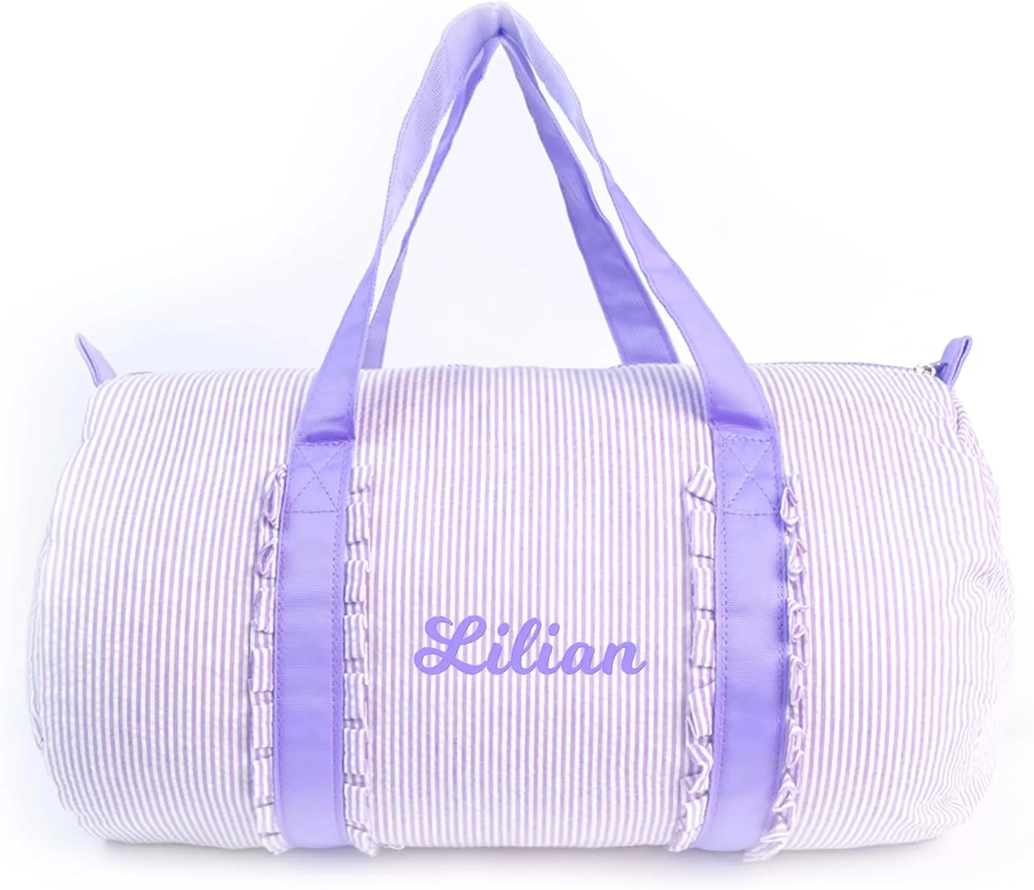 Girl's Personalized Seersucker Overnight Duffle Bag - Small Ballet Dance Weekender Ruffle Bag for Toddler Girls (Purple)