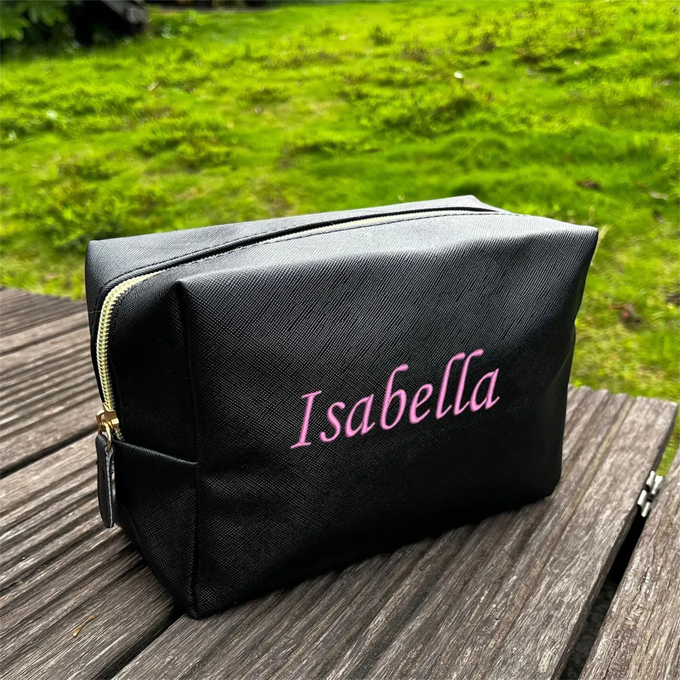 GOPHIE Cusotom Embroidery Travel Makeup Bag Organizer,Cosmetic Bags for Women,Gift For Bachelorette Party,Black