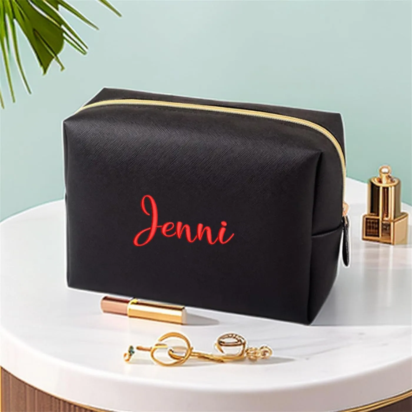 GOPHIE Cusotom Embroidery Travel Makeup Bag Organizer,Cosmetic Bags for Women,Gift For Bachelorette Party,Black