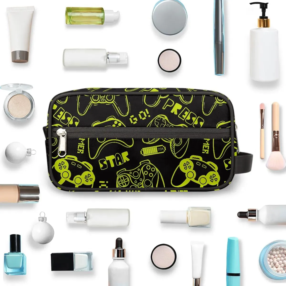 Green Video Game Kids Travel Toiletry Bag, Waterproof Hanging Dopp Kit for Teens Boys, Cool Carrying Case Compatible with Nintendo Switch and New Switch OLED Console