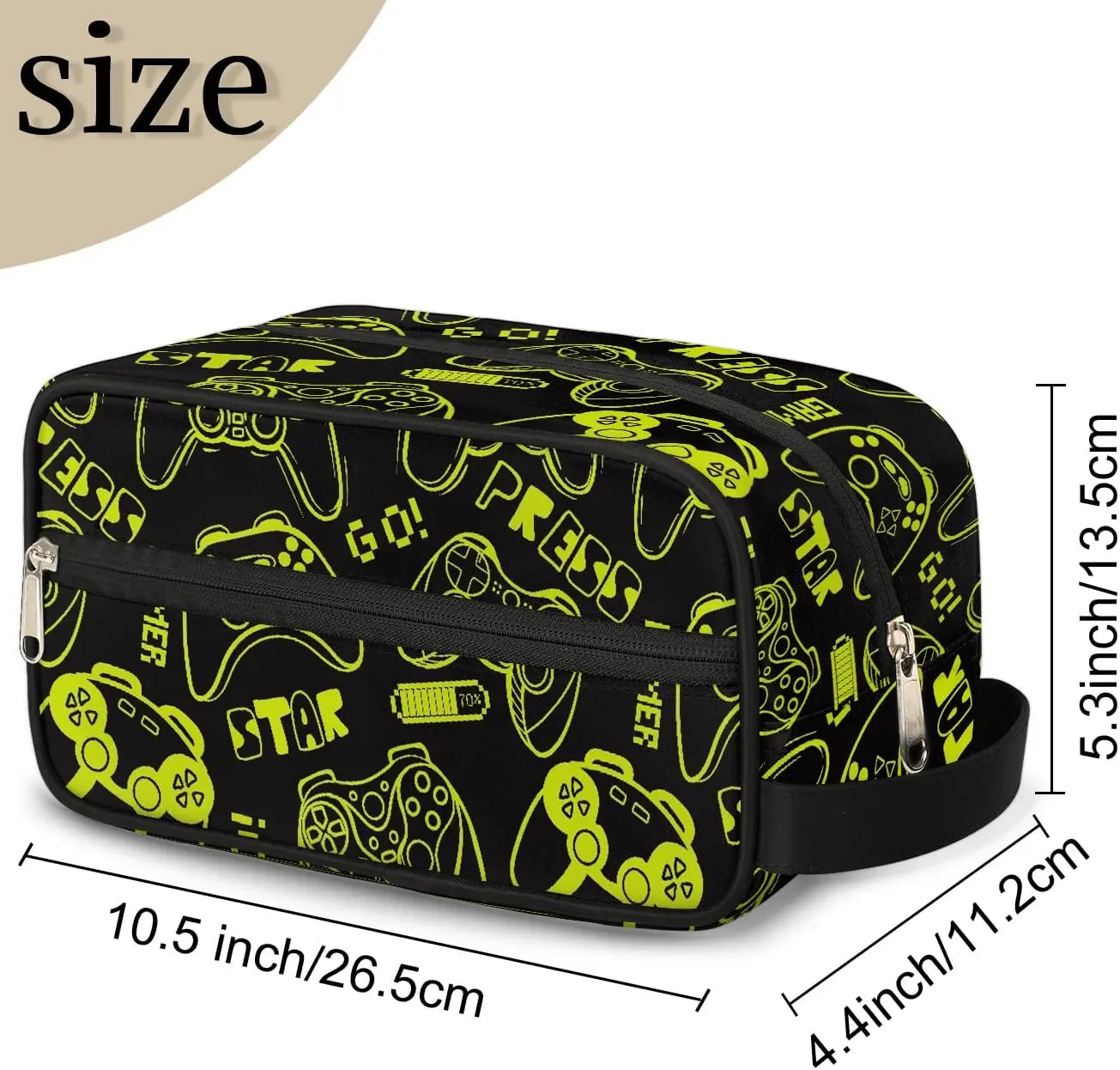 Green Video Game Kids Travel Toiletry Bag, Waterproof Hanging Dopp Kit for Teens Boys, Cool Carrying Case Compatible with Nintendo Switch and New Switch OLED Console
