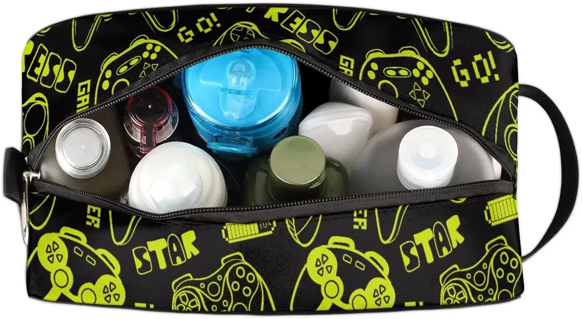 Green Video Game Kids Travel Toiletry Bag, Waterproof Hanging Dopp Kit for Teens Boys, Cool Carrying Case Compatible with Nintendo Switch and New Switch OLED Console