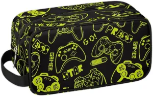 Green Video Game Kids Travel Toiletry Bag, Waterproof Hanging Dopp Kit for Teens Boys, Cool Carrying Case Compatible with Nintendo Switch and New Switch OLED Console