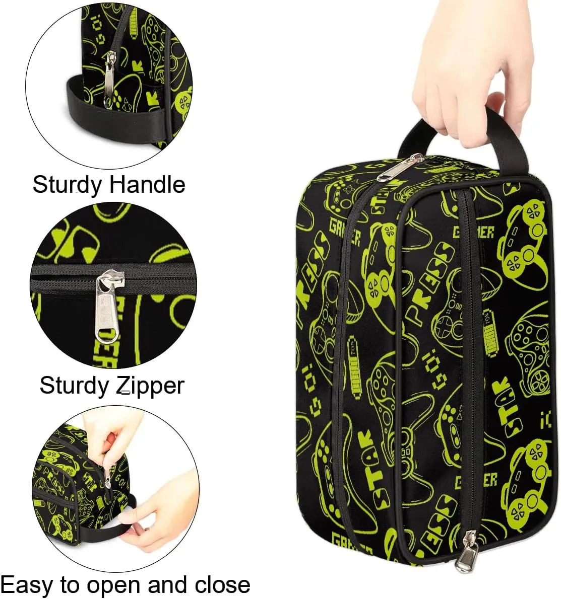 Green Video Game Kids Travel Toiletry Bag, Waterproof Hanging Dopp Kit for Teens Boys, Cool Carrying Case Compatible with Nintendo Switch and New Switch OLED Console