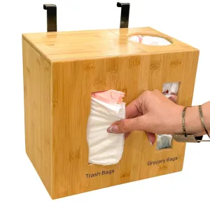 Grocery Bag Holder & Trash Bag Dispenser, Large 2-in-1, Extra Depth Fits 13 Gallon Rolls, Under Sink, Wall Mounted, Pantry, Bamboo