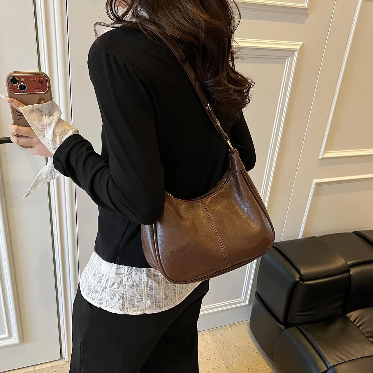 GRPKSSIB PU Leather Shoulder Bags Hobo Crossbody Bag Casual Tote Handbags Women's Crescent Purse with Adjustable Strap