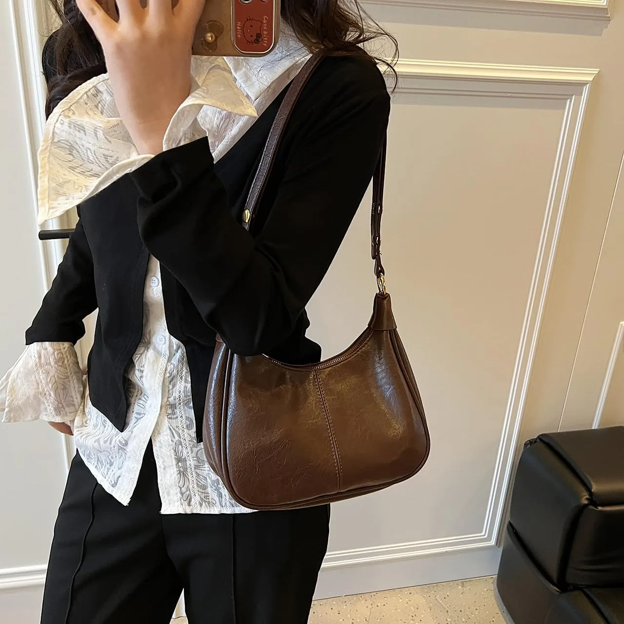 GRPKSSIB PU Leather Shoulder Bags Hobo Crossbody Bag Casual Tote Handbags Women's Crescent Purse with Adjustable Strap