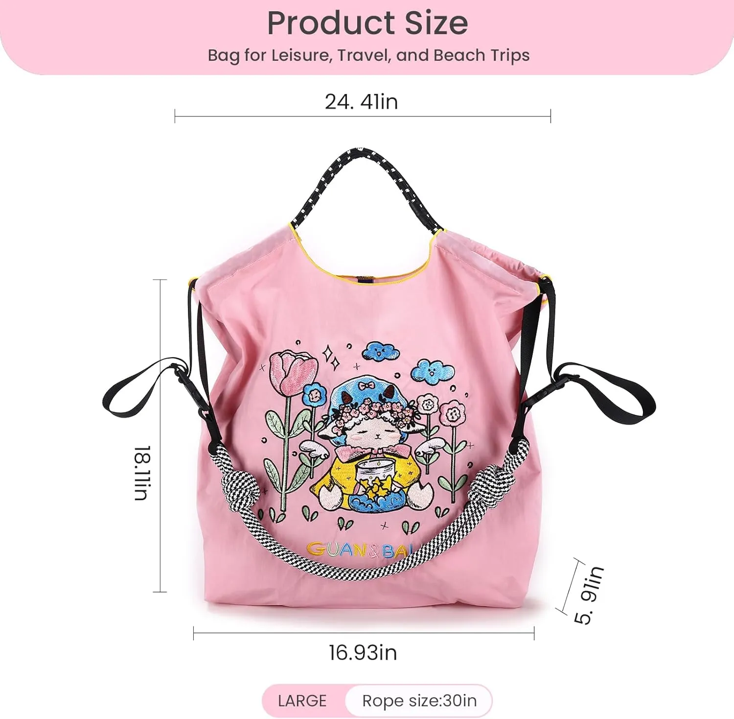 Guan&Ball Lady Tote bag, a lamb embroidered nylon bag, is the perfect companion for shopping and travel